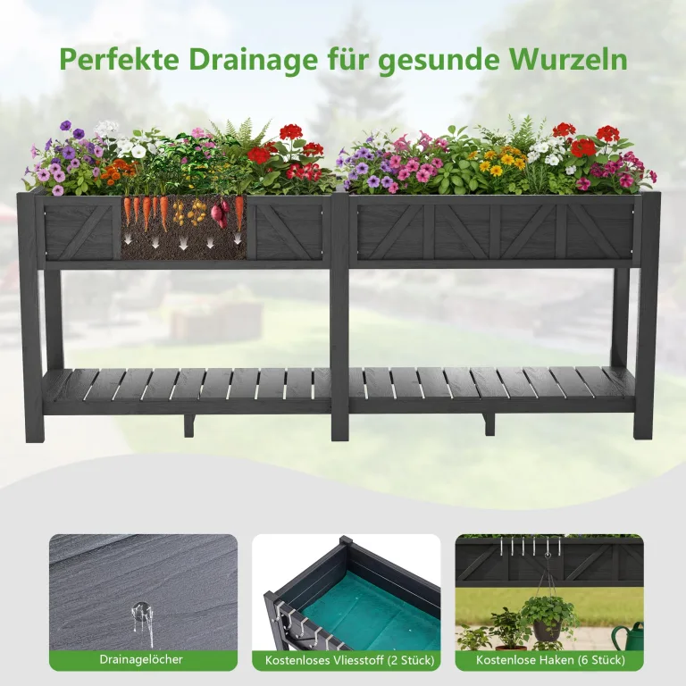 Hochbeet 183x44x73cm, Wetterfestes Pflanzkübel Außen mit Ablagefach, 6 Haken & 2 Vlieseinlagen, Für Gemüse Blumen Kräuter, Garten Balkon Terrasse (2 Stücke Schwarz) – Bild 5