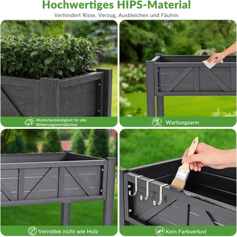Hochbeet 183x44x73cm, Wetterfestes Pflanzkübel Außen mit Ablagefach, 6 Haken & 2 Vlieseinlagen, Für Gemüse Blumen Kräuter, Garten Balkon Terrasse (2 Stücke Schwarz) – Bild 6