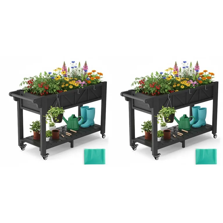 Hochbeet 183x44x73cm, Wetterfestes Pflanzkübel Außen mit Ablagefach, 6 Haken & 2 Vlieseinlagen, Für Gemüse Blumen Kräuter, Garten Balkon Terrasse (2 Stücke Schwarz) – Bild 9