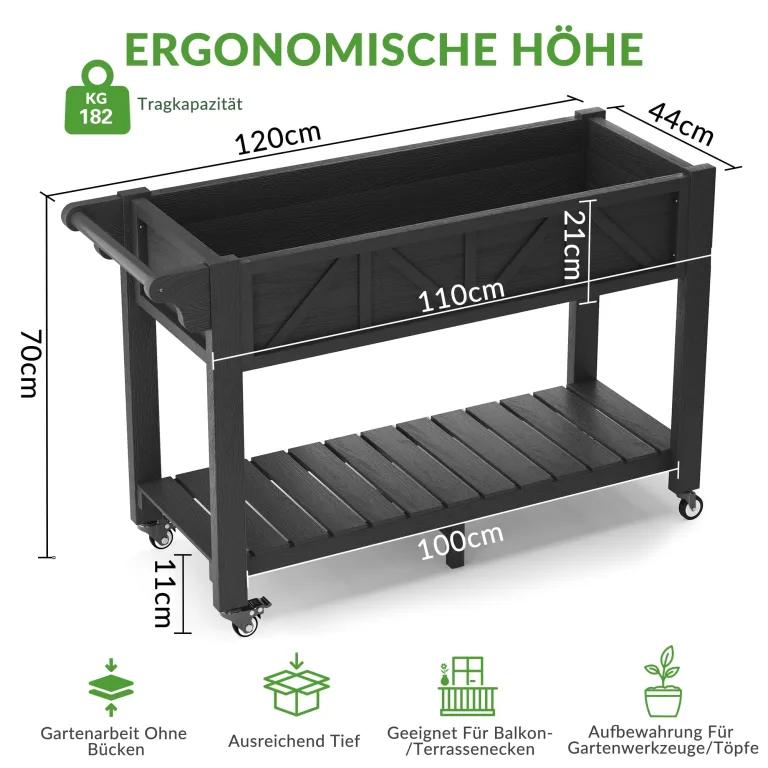 Hochbeet 120x44x70cm, Metall Hochbeet mit Rollen & Griff, 3 Haken & Vlieseinlage, Für Gemüse Blumen Kräuter, Garten Balkon Terrasse (2 Stück Schwarz) – Bild 2