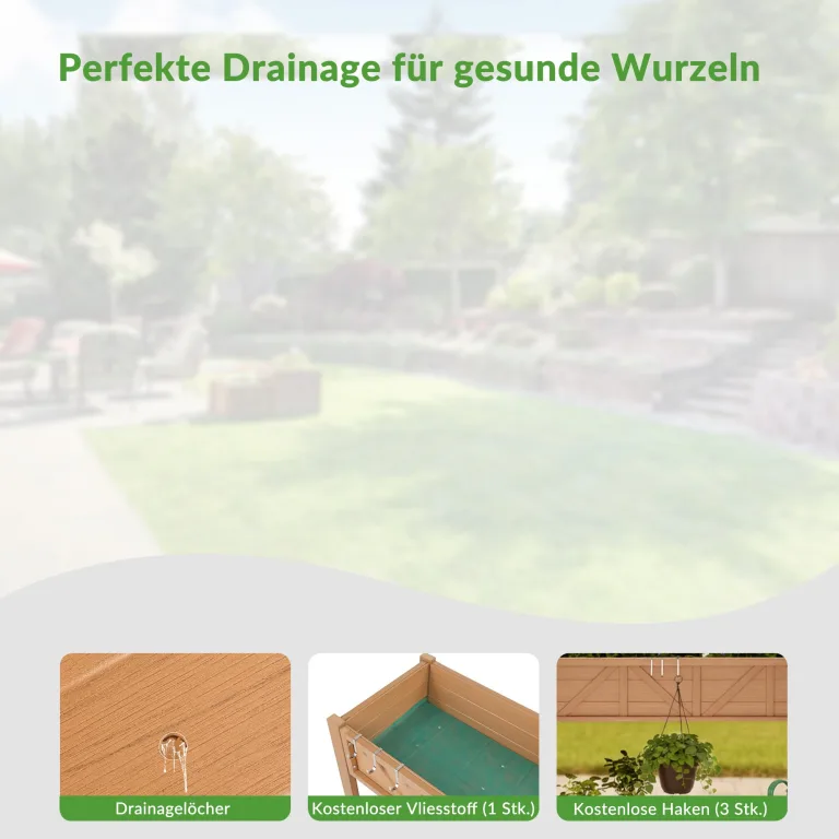 Hochbeet 120x44x70cm, Metall Hochbeet mit Rollen & Griff, 3 Haken & Vlieseinlage, Für Gemüse Blumen Kräuter, Garten Balkon Terrasse （2 Stück Teak Optik） – Bild 5