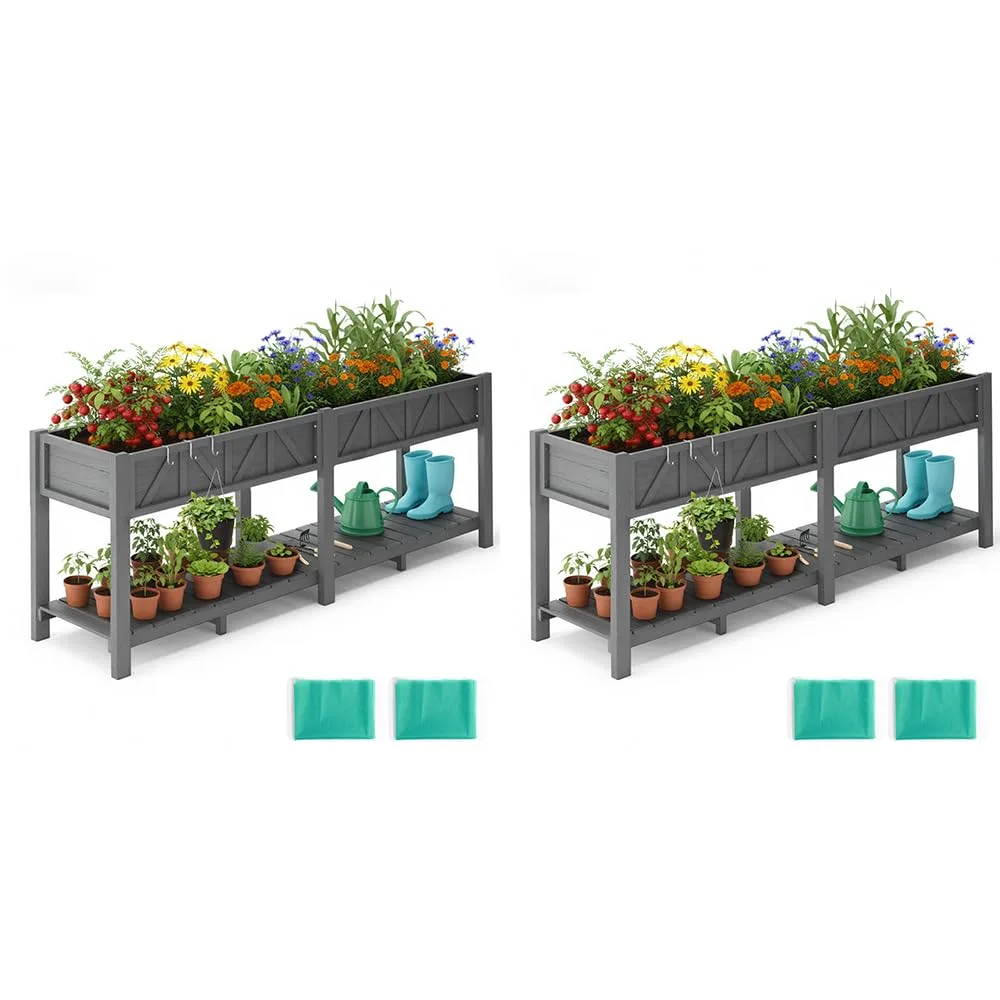 Hochbeet 183x44x73cm, Wetterfestes Pflanzkübel Außen mit Ablagefach, 6 Haken & 2 Vlieseinlagen, Für Gemüse Blumen Kräuter, Garten Balkon Terrasse (2 Stücke Grau)