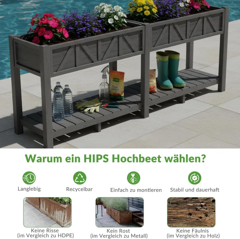 Hochbeet 183x44x73cm, Wetterfestes Pflanzkübel Außen mit Ablagefach, 6 Haken & 2 Vlieseinlagen, Für Gemüse Blumen Kräuter, Garten Balkon Terrasse (2 Stücke Grau) – Bild 7