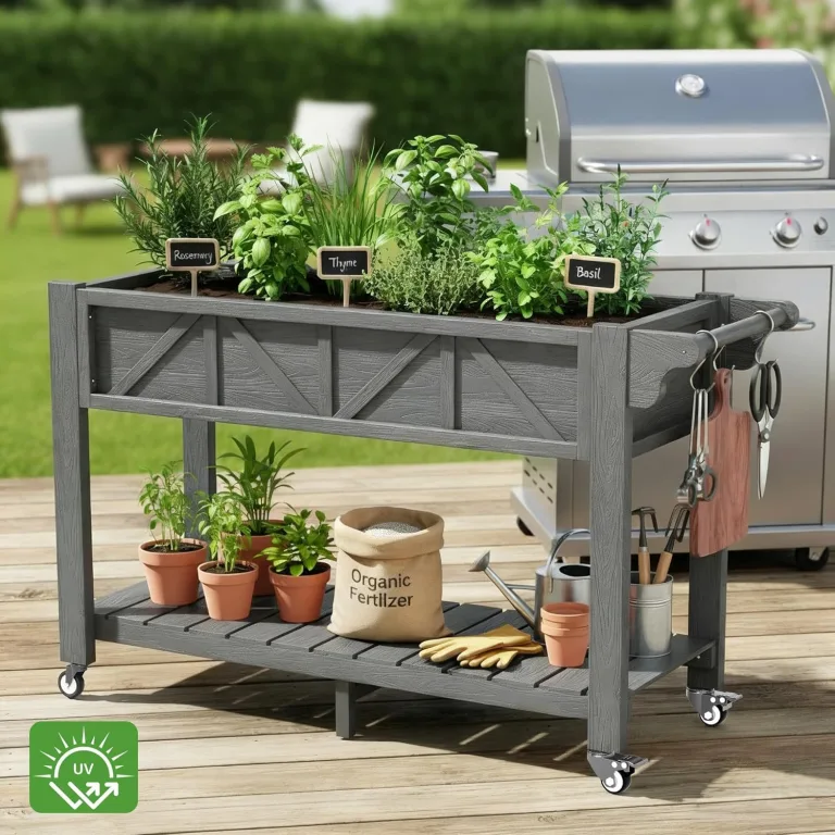 Hochbeet 120x44x70cm, Metall Hochbeet mit Rollen & Griff, 3 Haken & Vlieseinlage, Für Gemüse Blumen Kräuter, Garten Balkon Terrasse （2 Stück Grau） – Bild 2