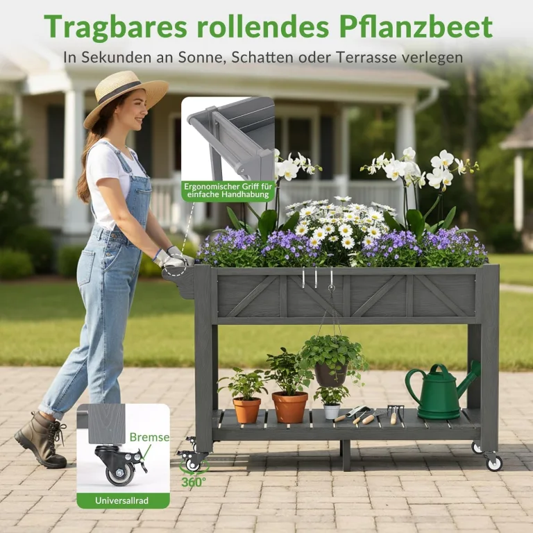 Hochbeet 120x44x70cm, Metall Hochbeet mit Rollen & Griff, 3 Haken & Vlieseinlage, Für Gemüse Blumen Kräuter, Garten Balkon Terrasse （2 Stück Grau） – Bild 4