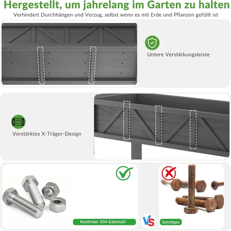 Hochbeet 120x44x70cm, Metall Hochbeet mit Rollen & Griff, 3 Haken & Vlieseinlage, Für Gemüse Blumen Kräuter, Garten Balkon Terrasse （2 Stück Grau） – Bild 5