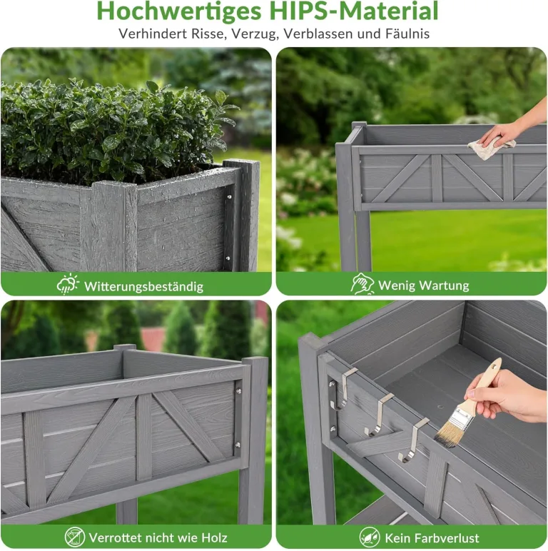 Hochbeet 120x44x70cm, Metall Hochbeet mit Rollen & Griff, 3 Haken & Vlieseinlage, Für Gemüse Blumen Kräuter, Garten Balkon Terrasse （2 Stück Grau） – Bild 7