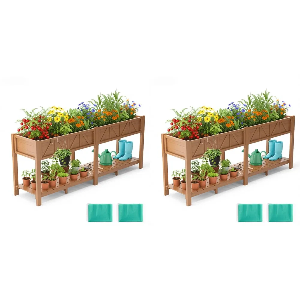 Hochbeet 183x44x73cm, Wetterfestes Pflanzkübel Außen mit Ablagefach, 6 Haken & 2 Vlieseinlagen, Für Gemüse Blumen Kräuter, Garten Balkon Terrasse (2 Stücke Teak Optik) - Bild 1