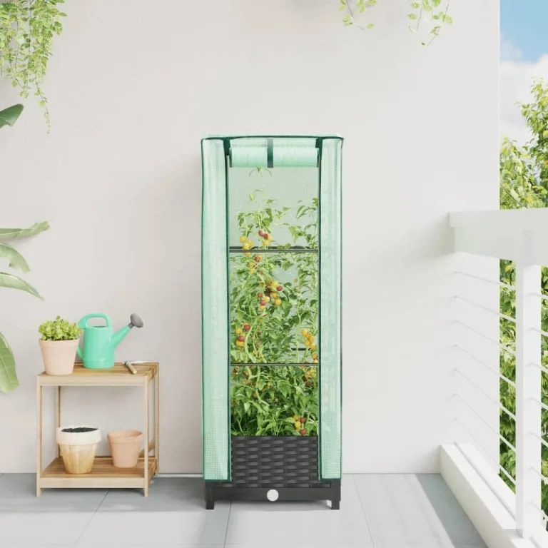 Hochbeet mit Gewächshaus Aufsatz 40x40x123 cm Rattan Optik Frühbeet für Tomaten Gemüse Kräuter Balkon Garten inklusive wasserdichter Abdeckung und Stabiler Eisenkonstruktion – Bild 3