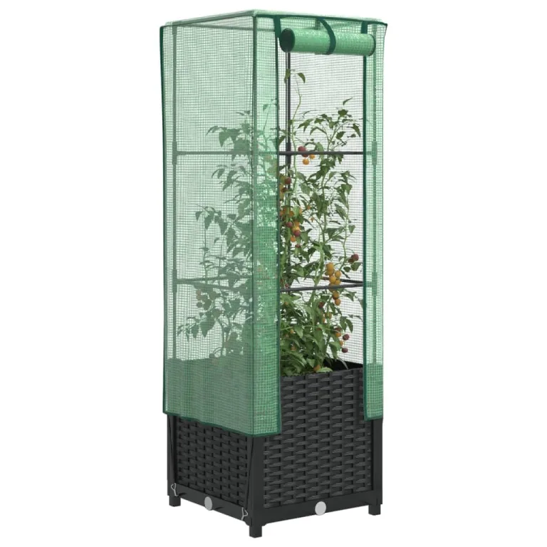 Hochbeet mit Gewächshaus Aufsatz 40x40x139 cm Rattan Optik für Tomaten Gemüse Kräuter, Stabiles PP Beet mit Eisenrahmen & Wasserdichter PE Abdeckung für Garten Balkon Terrasse – Bild 1