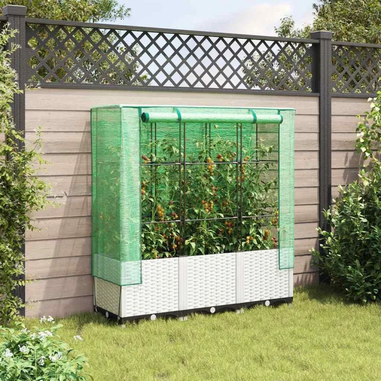Hochbeet mit Gewächshaus Frühbeet Aufsatz Rattan Optik 120x40x138 cm Tomatenhaus Gemüsebeet Balkon Garten Stabiles Design Wasserdicht – Bild 3