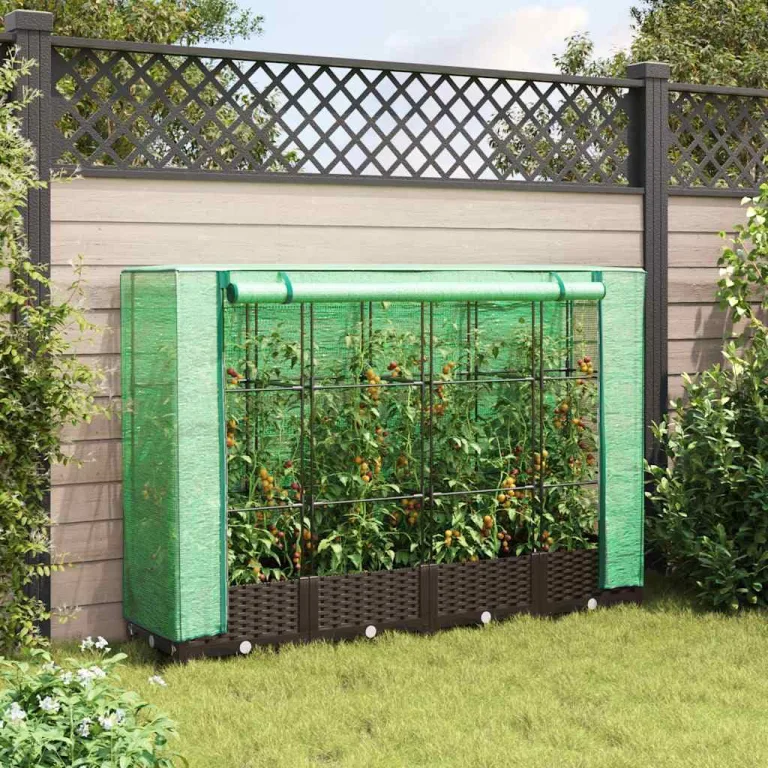 Hochbeet mit Gewächshaus Aufsatz 160x40x123 cm Rattan Optik Frühbeet für Tomaten Gemüse Kräuter, Stabiles PP Beet mit Eisenrahmen & Wasserdichter PE Abdeckung für Garten Balkon Terrasse – Bild 3
