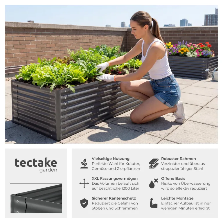 tectake® Hochbeet verzinkter Stahl, 200x100x62cm, abgerundete Kanten, 1200 L, mit Handschuhen, Gartenhochbeet, Pflanzbeet, Gemüsebeet, Kräuterbeet, Pflanzkasten, Gartenbeet, Blumenbeet, Metallhochbeet – Bild 2