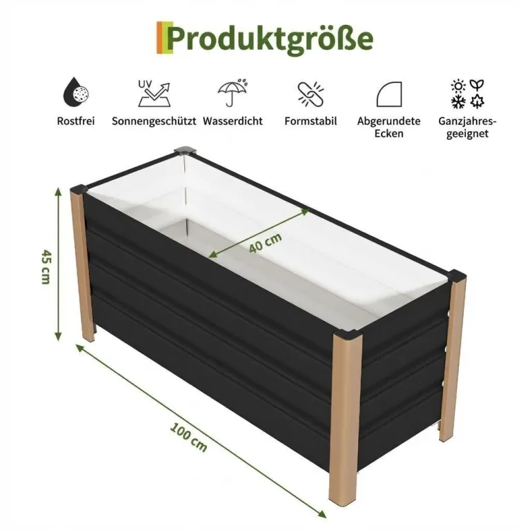 Hochbeet aus Aluminium 100x40x45 cm – Wetterfester Pflanzkasten mit Drainagelöchern, Tiefe Ausführung, Abgerundete Ecken & Anti-Schnitt-Kanten – Robust & Rostfrei für Terrasse, Balkon, Garten, Grau – Bild 2