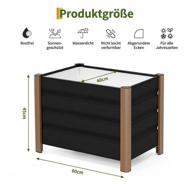 Hochbeet aus Aluminium 60x40x45 cm – Wetterfester Pflanzkasten mit Drainagelöchern, Tiefe Ausführung, Abgerundete Ecken & Anti-Schnitt-Kanten – Robust & Rostfrei für Terrasse, Balkon, Garten, Grau – Bild 3