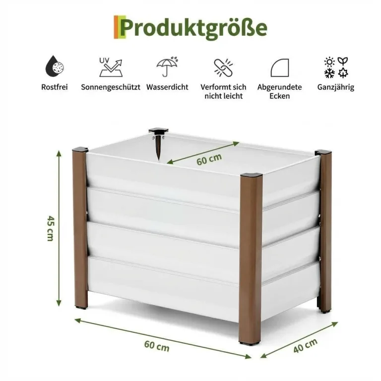 Hochbeet aus Aluminium 60x40x45 cm – Wetterfester Pflanzkasten mit Drainagelöchern, Tiefe Ausführung, Abgerundete Ecken & Anti-Schnitt-Kanten – Robust & Rostfrei für Terrasse, Balkon, Garten, Weiß – Bild 3