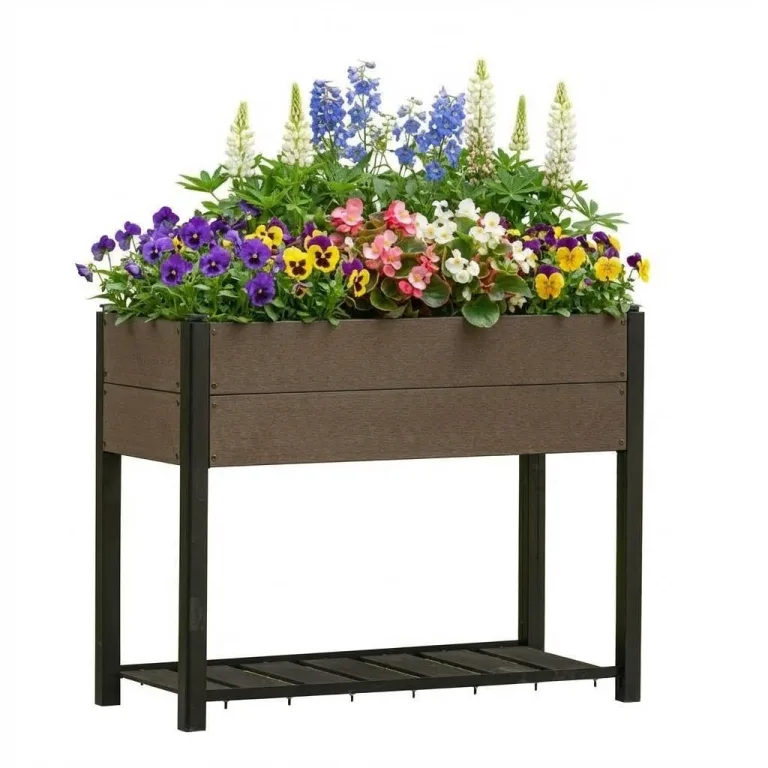 HDPE Hochbeet mit Beinen & Ablage, Holzoptik Pflanzkasten wetterfest, erhöhter Pflanzkübel mit Aluminiumrahmen, für Gemüse, Kräuter & Blumen, Balkon Terrasse Garten, 109x49x85cm – Bild 1