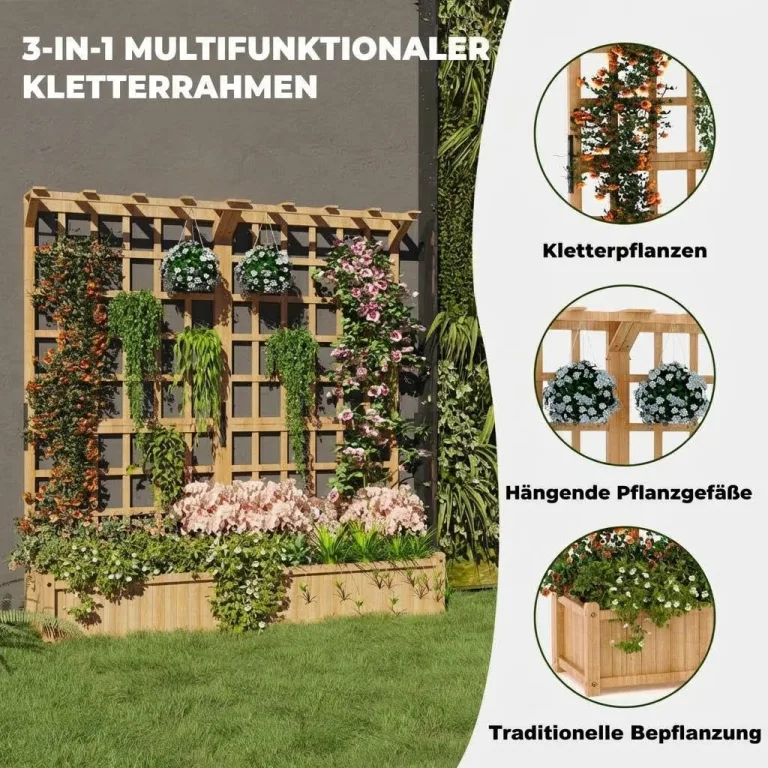 2-stufiges Holz Hochbeet mit Rankgitter & Dach, 124 x 41 x 160 cm Pflanzkasten mit Kletterhilfe & Drainagelöchern, Erhöhtes Gartenbeet für Gemüse, Blumen, Balkon & Terrasse – Bild 2