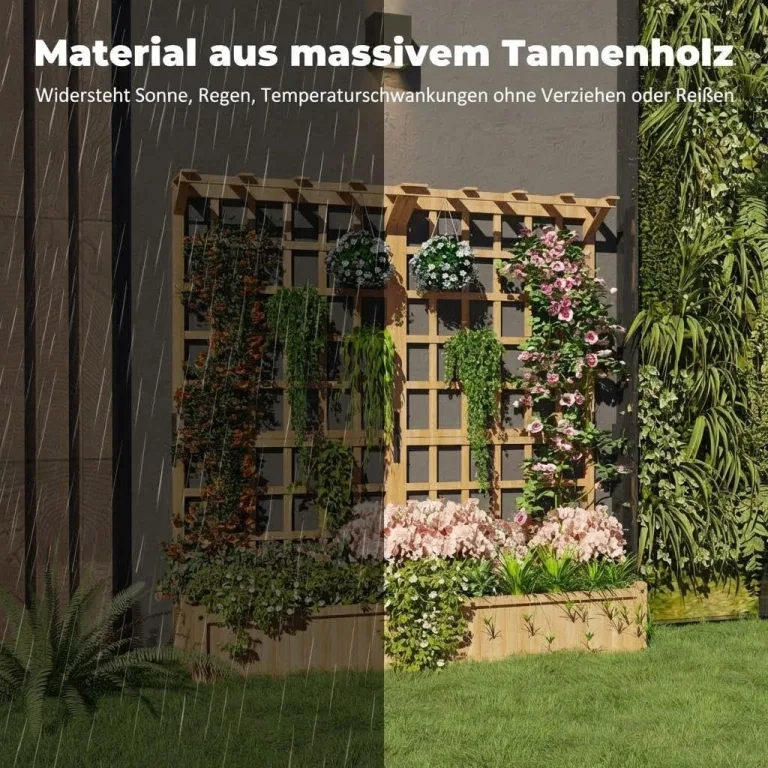 2-stufiges Holz Hochbeet mit Rankgitter & Dach, 124 x 41 x 160 cm Pflanzkasten mit Kletterhilfe & Drainagelöchern, Erhöhtes Gartenbeet für Gemüse, Blumen, Balkon & Terrasse – Bild 4