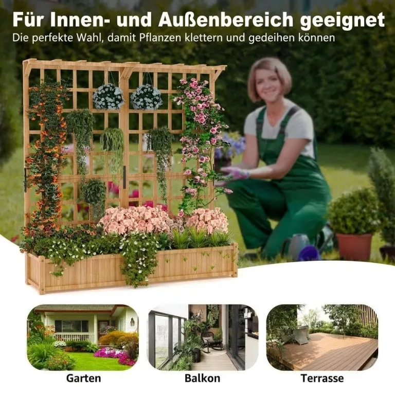 2-stufiges Holz Hochbeet mit Rankgitter & Dach, 124 x 41 x 160 cm Pflanzkasten mit Kletterhilfe & Drainagelöchern, Erhöhtes Gartenbeet für Gemüse, Blumen, Balkon & Terrasse – Bild 5