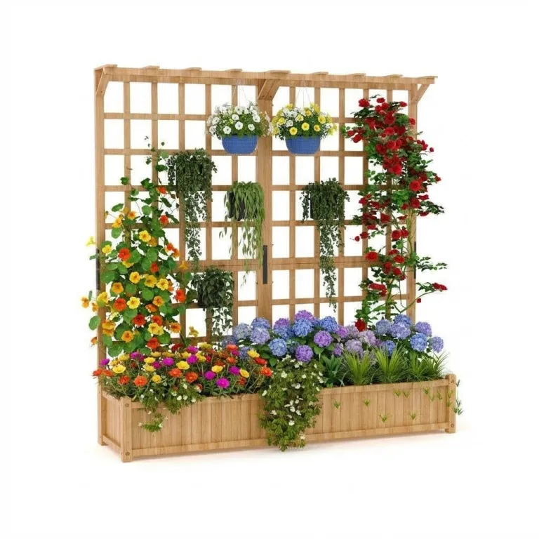 2-stufiges Holz Hochbeet mit Rankgitter & Dach, 124 x 41 x 160 cm Pflanzkasten mit Kletterhilfe & Drainagelöchern, Erhöhtes Gartenbeet für Gemüse, Blumen, Balkon & Terrasse – Bild 1