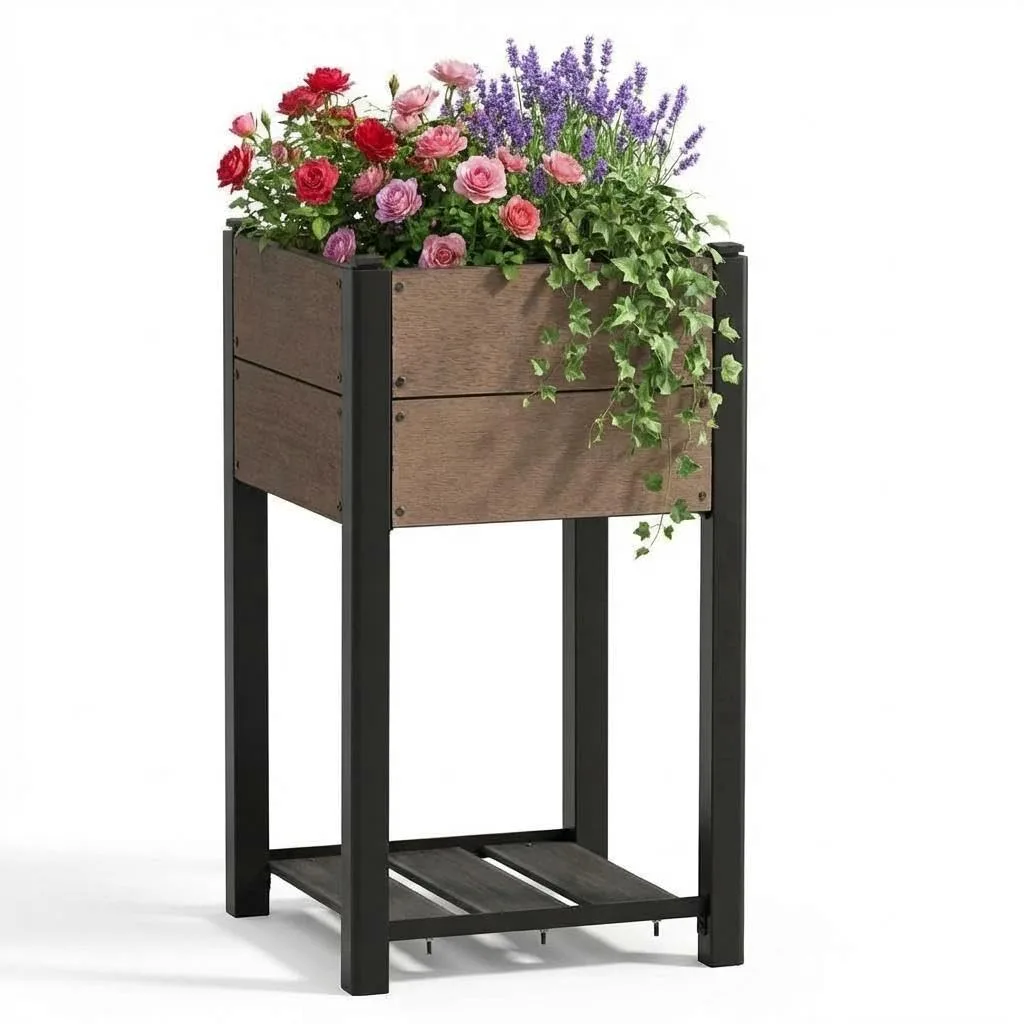 HDPE Hochbeet mit Beinen & Ablage, Holzoptik Pflanzkasten wetterfest, erhöhter Pflanzkübel mit Aluminiumrahmen, für Gemüse, Kräuter & Blumen, Balkon Terrasse Garten, 49x49x85cm