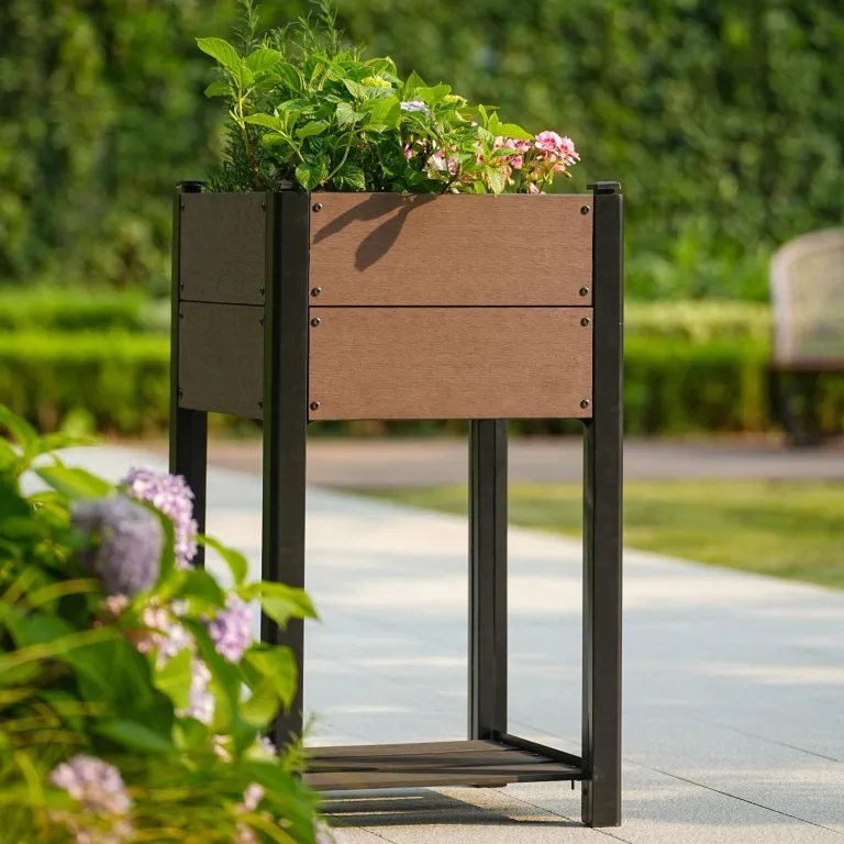 HDPE Hochbeet mit Beinen & Ablage, Holzoptik Pflanzkasten wetterfest, erhöhter Pflanzkübel mit Aluminiumrahmen, für Gemüse, Kräuter & Blumen, Balkon Terrasse Garten, 49x49x85cm – Bild 5
