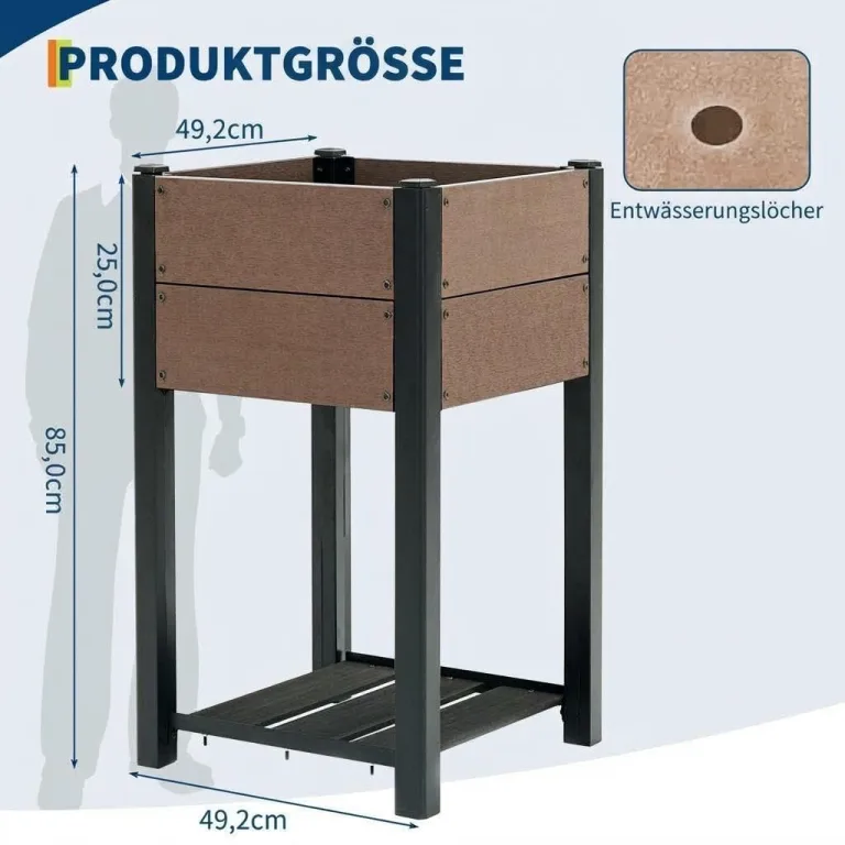 HDPE Hochbeet mit Beinen & Ablage, Holzoptik Pflanzkasten wetterfest, erhöhter Pflanzkübel mit Aluminiumrahmen, für Gemüse, Kräuter & Blumen, Balkon Terrasse Garten, 49x49x85cm – Bild 8