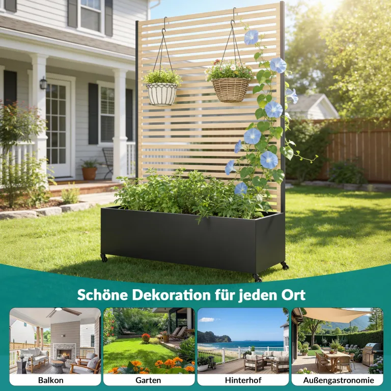 Pflanzkasten aus Metall für den Außenbereich mit Spalier, Hochbeet aus Metall mit Rad, freistehender Sichtschutz-Pflanzkasten für Blumen, Gemüse im Garten, auf der Terrasse, auf dem Balkon – Bild 7