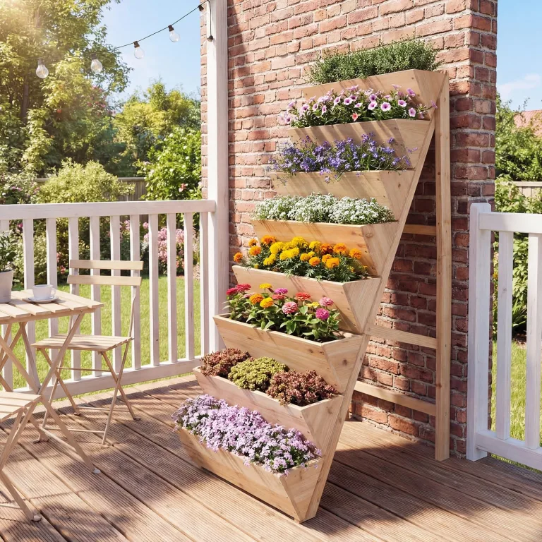 COSTWAY vertikales Hochbeet mit 8 Etagen, Blumenbeet aus Tannenholz, Vertikalbeet mit Pflanzkästen, Blumentreppe Gartenbeet Holz, Blumenkasten für Terrasse Balkon Garten (Natur) – Bild 9
