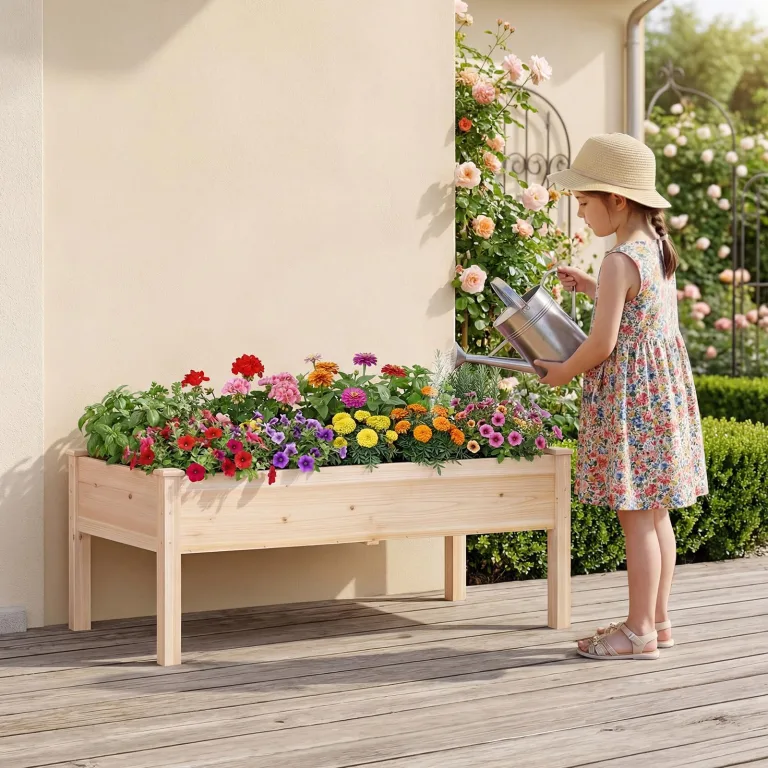COSTWAY 2 er Hochbeet Holz, Pflanzbeet für Kinder, 122 x 62 x 48 cm, Pflanzkasten bis 130 kg, Blumenkübel mit Ablauflöchern, Kräuterbeet rechteckig, Anzuchtbeet Garten Terrasse Balkon, Natur – Bild 2