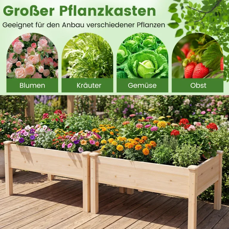 COSTWAY Hochbeet Holz, Pflanzbeet für Kinder, 122 x 62 x 48 cm, Pflanzkasten bis 130 kg, Blumenkübel mit Ablauflöchern, Kräuterbeet rechteckig, Anzuchtbeet Garten Terrasse Balkon, Natur – Bild 7