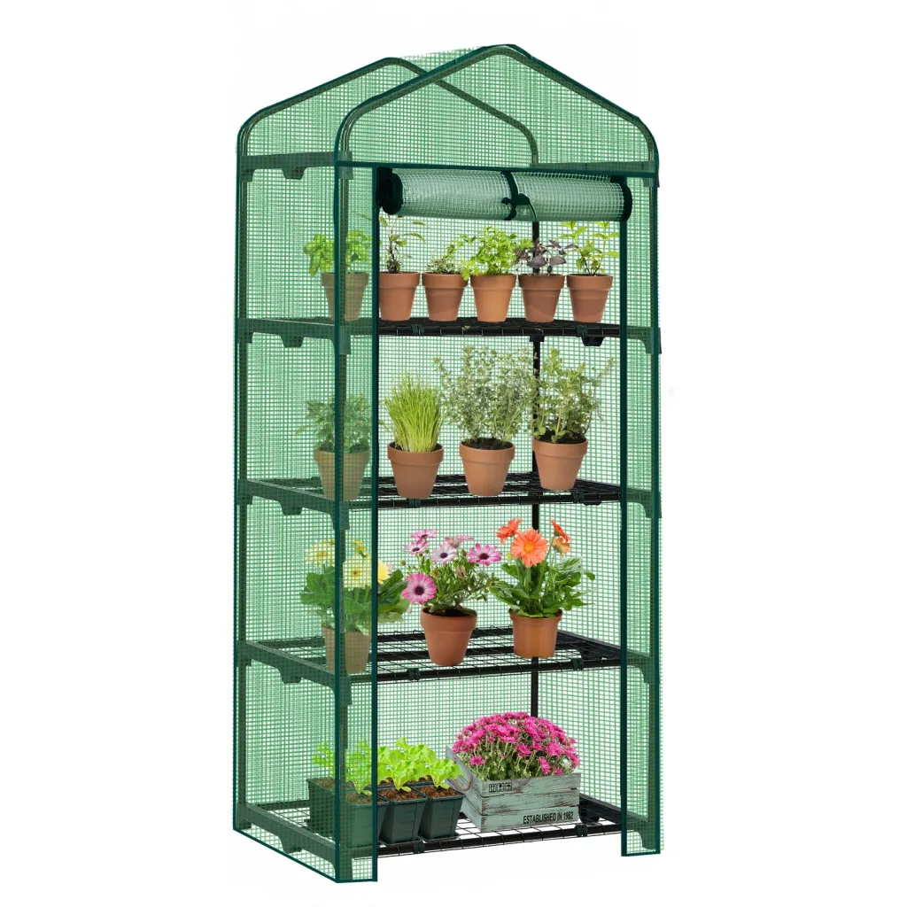 LEADZM Gewächshaus mit UV-beständiger PE-Gitterfolie,4 Metallablagegittern, Sturm-Winterfest, Schutz vor Kälte,Frost, Anzucht für Tomaten & Pflanzen, Balkon Garten (Grün, 69 x 48 x 157 cm)