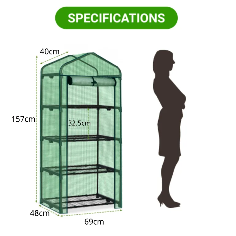 LEADZM Gewächshaus mit UV-beständiger PE-Gitterfolie，4 Metallablagegittern, Sturm-Winterfest, Schutz vor Kälte,Frost, Anzucht für Tomaten & Pflanzen, Balkon Garten (Grün, 69 x 48 x 157 cm) – Bild 2