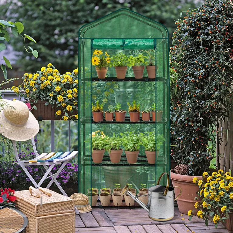 LEADZM Gewächshaus mit UV-beständiger PE-Gitterfolie，4 Metallablagegittern, Sturm-Winterfest, Schutz vor Kälte,Frost, Anzucht für Tomaten & Pflanzen, Balkon Garten (Grün, 69 x 48 x 157 cm) – Bild 8