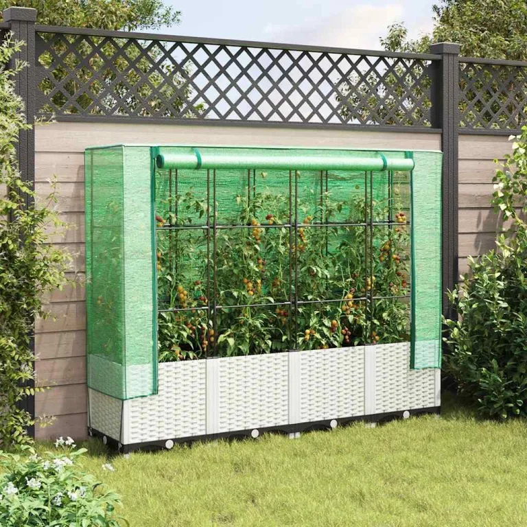 Hochbeet mit Gewächshaus Aufsatz 160x40x138 cm Rattan Optik, Frühbeet für Gemüse Kräuter Tomaten, Stabiles PP Beet mit Eisenrahmen, Wetterfeste Abdeckung für Garten Balkon Terrasse – Bild 3