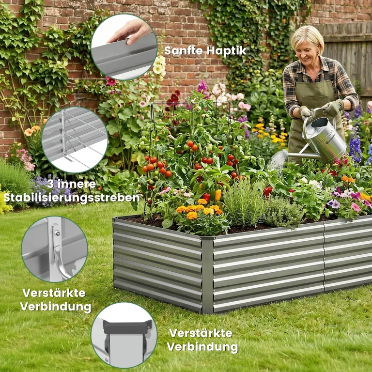 Hochbeet Metall XXL (240x120x60 cm), Wetterfestes Pflanzbeet für Garten & Terrasse, Verzinktes Gemüsebeet mit Stabilisierungsstangen, Pflanzkübel mit Offenem Boden für Tomaten, Silber – Bild 6