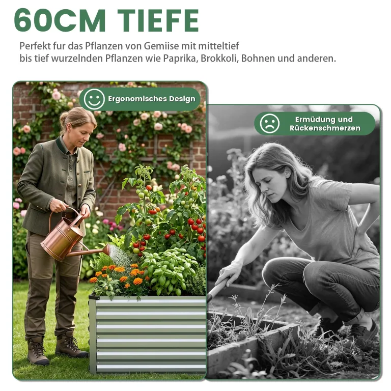Hochbeet Metall XXL (240x120x60 cm), Wetterfestes Pflanzbeet für Garten & Terrasse, Verzinktes Gemüsebeet mit Stabilisierungsstangen, Pflanzkübel mit Offenem Boden für Tomaten, Silber – Bild 7