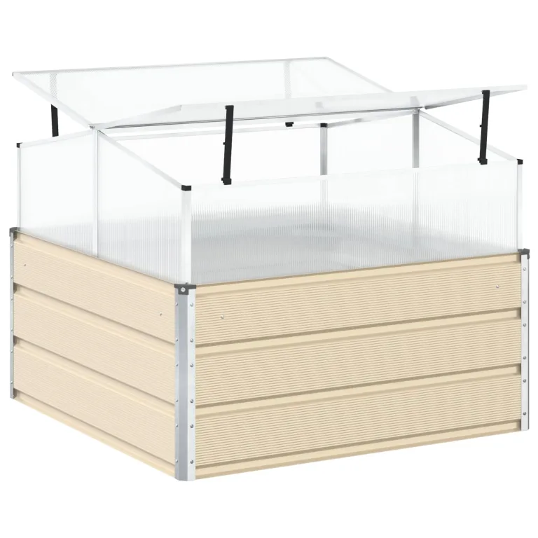ACAGALA Hochbeet mit Gewächshaus 100x100x77 cm, Gewächshaus mit Polycarbonat-Abdeckung, 2 Dachfenster, rostfrei wetterfest temperaturbeständig, Aufzucht Pflanzenhaus Tomatenhaus, Elfenbein – Bild 8