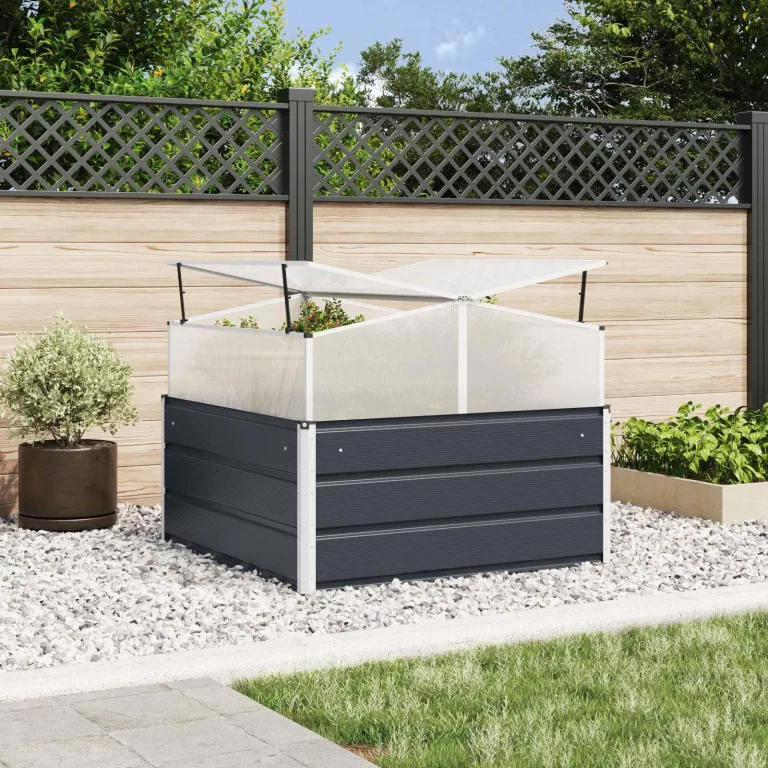 ACAGALA Hochbeet mit Gewächshaus 100x100x77 cm, Gewächshaus mit Polycarbonat-Abdeckung, 2 Dachfenster, rostfrei wetterfest temperaturbeständig, Aufzucht Pflanzenhaus Tomatenhaus, Elfenbein – Bild 10