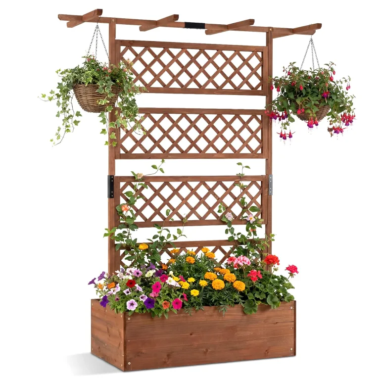 COSTWAY Blumenkasten mit Rankgitter & Dach, Pflanzkübel mit Sichtschutz, Pflanzkasten Tannenholz, Hochbeet mit Spalier, Drainagelöchern, Blumenkübel mit Rankhilfe für Kletterpflanzen, 100 x 55 x 183cm – Bild 1