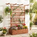 COSTWAY Blumenkasten mit Rankgitter & Dach, Pflanzkübel mit Sichtschutz, Pflanzkasten Tannenholz, Hochbeet mit Spalier, Drainagelöchern, Blumenkübel mit Rankhilfe für Kletterpflanzen, 100 x 55 x 183cm - Thumbnail 8