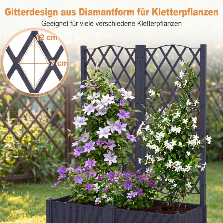 GOPLUS Blumenkasten mit Rankgitter, Hochbeet mit Spalier für Kletterpflanzen & Topfpflanzen, Tiefes Pflanzbeet mit Drainagelöchern für Balkon, Hinterhof & Garten (Grau,80 x 40 x 122 cm) – Bild 4