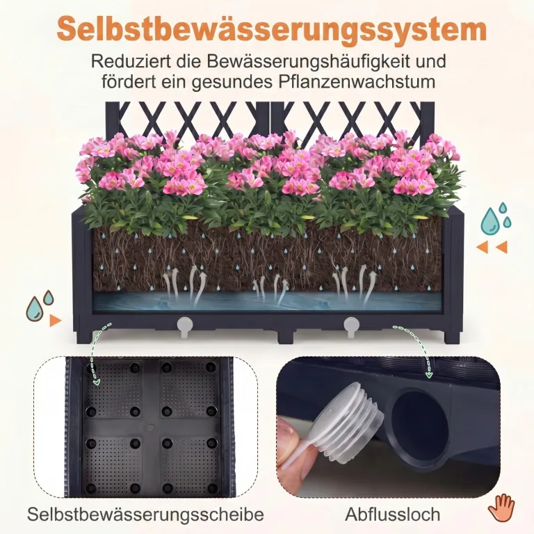 GOPLUS Blumenkasten mit Rankgitter, Hochbeet mit Spalier für Kletterpflanzen & Topfpflanzen, Tiefes Pflanzbeet mit Drainagelöchern für Balkon, Hinterhof & Garten (Grau,80 x 40 x 122 cm) – Bild 5