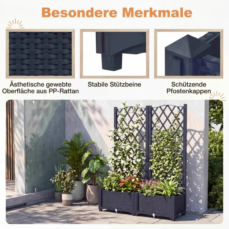 GOPLUS Blumenkasten mit Rankgitter, Hochbeet mit Spalier für Kletterpflanzen & Topfpflanzen, Tiefes Pflanzbeet mit Drainagelöchern für Balkon, Hinterhof & Garten (Grau,80 x 40 x 122 cm) – Bild 6