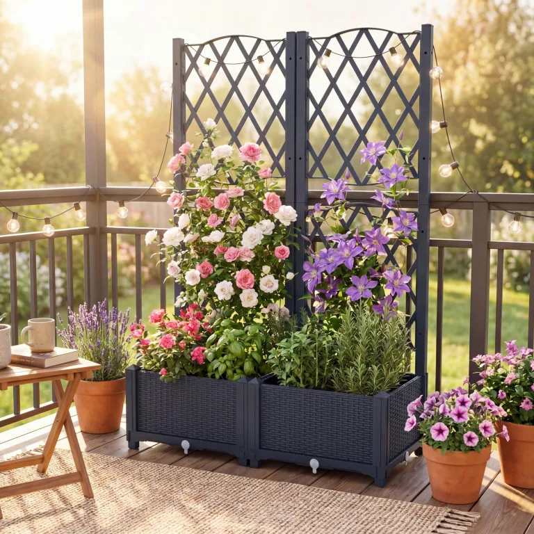 GOPLUS Blumenkasten mit Rankgitter, Hochbeet mit Spalier für Kletterpflanzen & Topfpflanzen, Tiefes Pflanzbeet mit Drainagelöchern für Balkon, Hinterhof & Garten (Grau,80 x 40 x 122 cm) – Bild 9