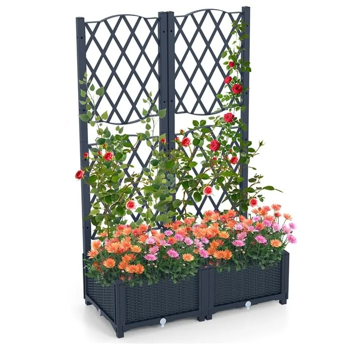 GOPLUS Blumenkasten mit Rankgitter, Hochbeet mit Spalier für Kletterpflanzen & Topfpflanzen, Tiefes Pflanzbeet mit Drainagelöchern für Balkon, Hinterhof & Garten (Grau,80 x 40 x 122 cm) – Bild 1
