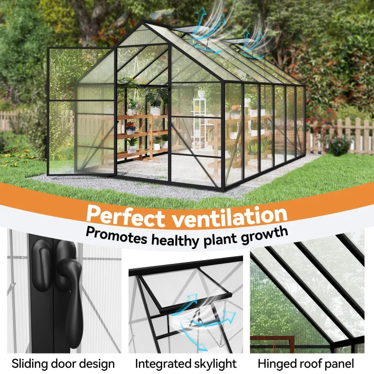 Gewächshaus Aluminium 380x250x205 cm mit Fundament, 4 mm PC-Hohlkammerplatten, Wetterfest & Stabil, Tomatenhaus Treibhaus Anzuchthaus Garten Frühbeet, inkl. Dachfenster & Tür – Bild 3