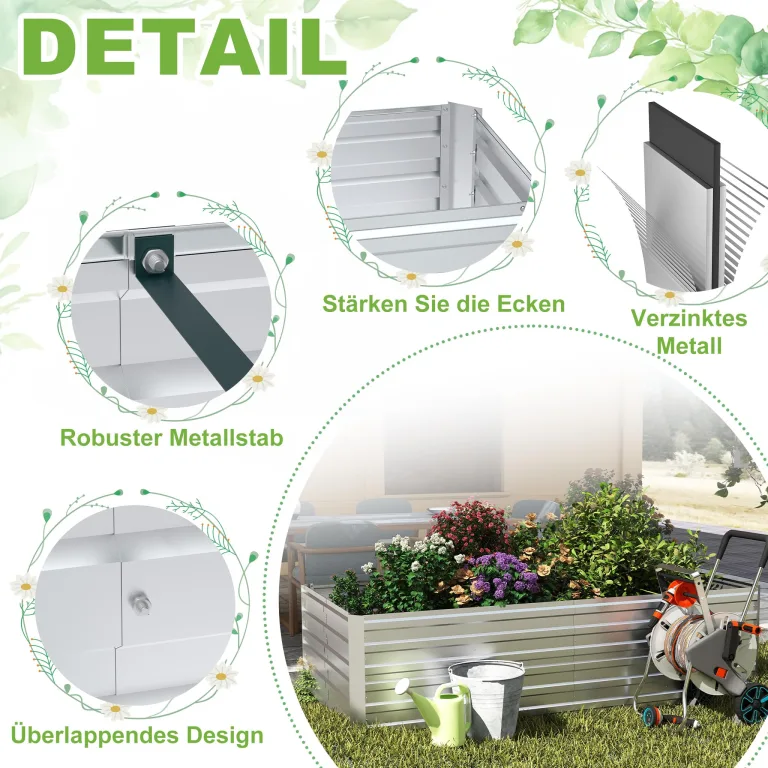 Metall Hochbeet Rechteckig 300x120x58 cm, stabil & rostfrei, wetterfest, langlebiges Gartenbeet für Gemüse, Kräuter & Blumen, Balkon & Terrasse – Silber – Bild 6