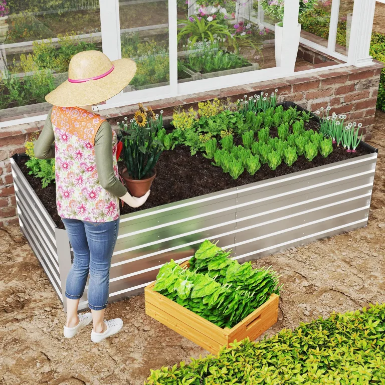 Metall Hochbeet Rechteckig 300x120x58 cm, stabil & rostfrei, wetterfest, langlebiges Gartenbeet für Gemüse, Kräuter & Blumen, Balkon & Terrasse – Silber – Bild 9